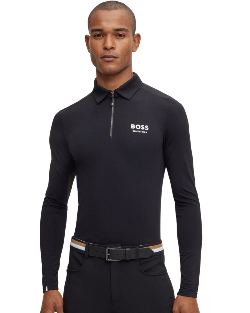 قميص بولو تدريبي مخطط من Boss Elton باللون الأسود